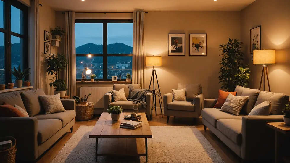 Eye-level view of a cozy living room with warm lighting