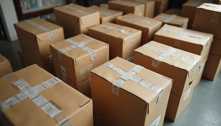 High angle view of medical supplies and food packages ready for distribution