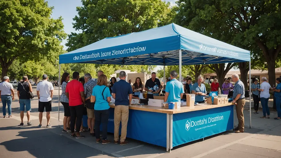 Eye-level view of a donation booth where community members gather to learn about outreach programs