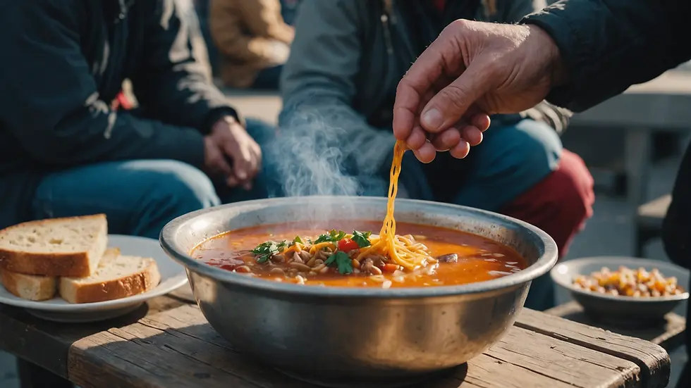 Close-up view of a steaming bowl of hot soup served to a homeless person