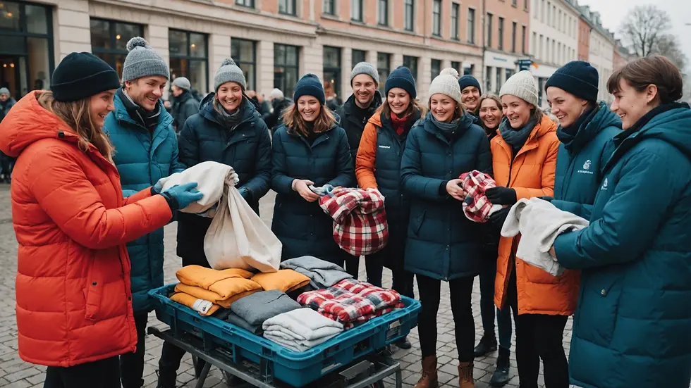 Wide angle view of a group of volunteers distributing warm clothing and blankets on a chilly winter day