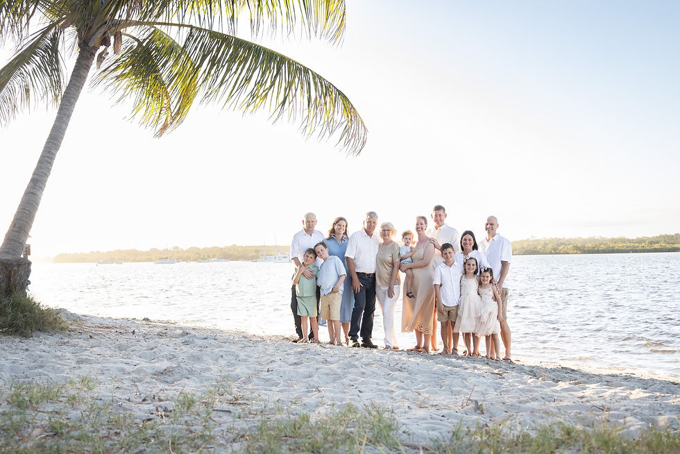 Extended family photography at Noosa River featuring a large family group gathered under a palm tree at sunset.