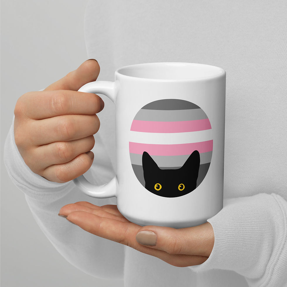 Thumbnail: Peeking Cat in Demigirl Flag Colors | White Ceramic Mug with Accent Color