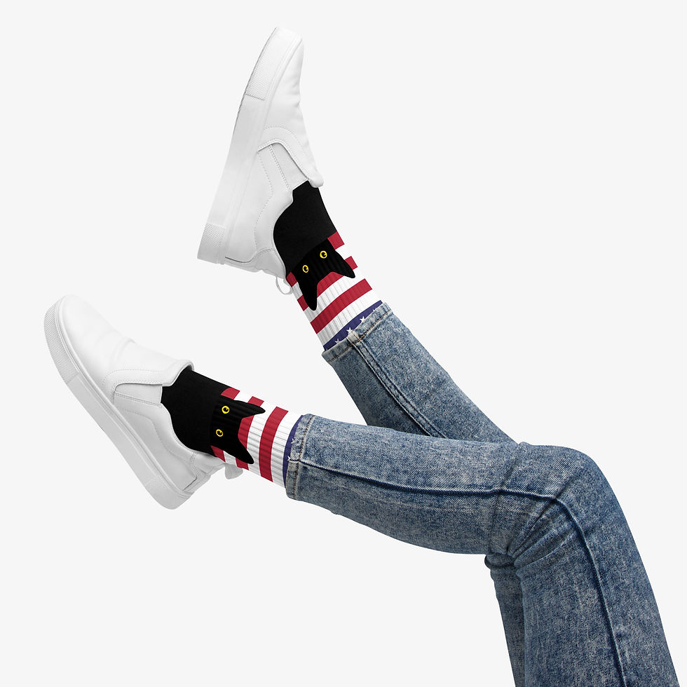 Thumbnail: Peeking Cat in United States Flag | Black Foot Sublimated Socks