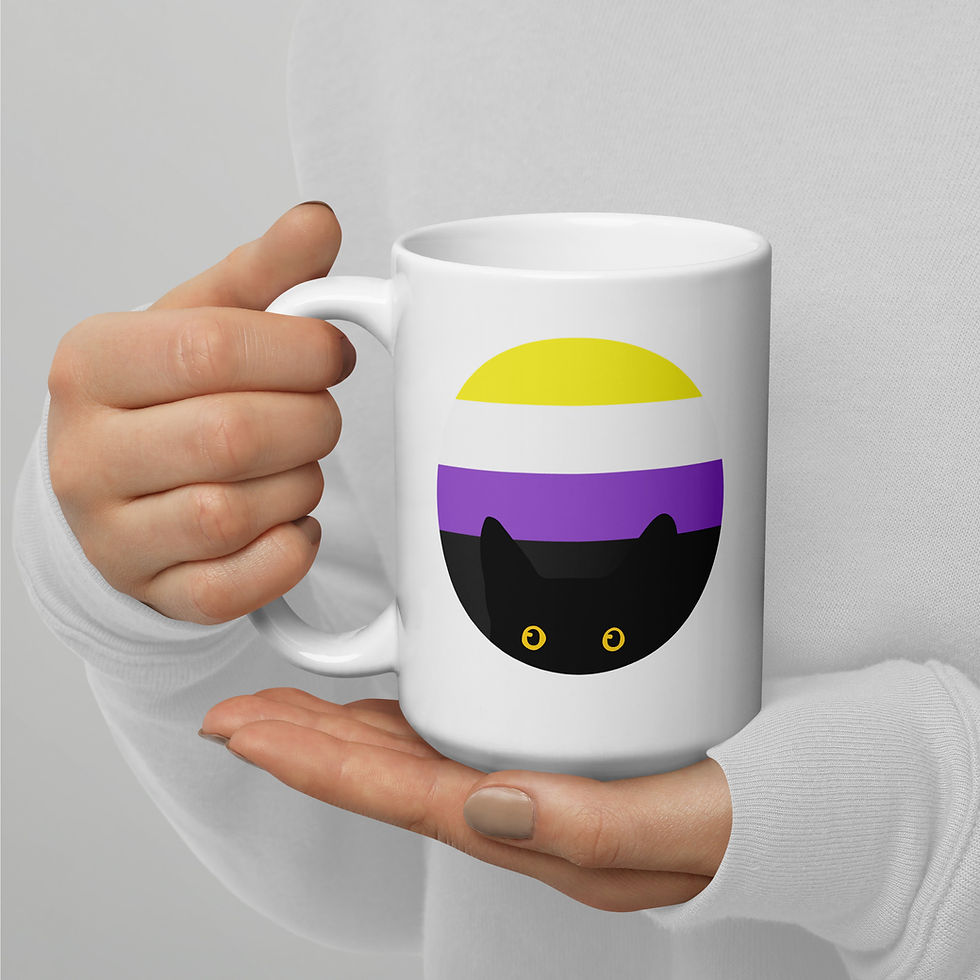 Thumbnail: Peeking Cat in Nonbinary Flag Colors | White Ceramic Mug with Accent Color