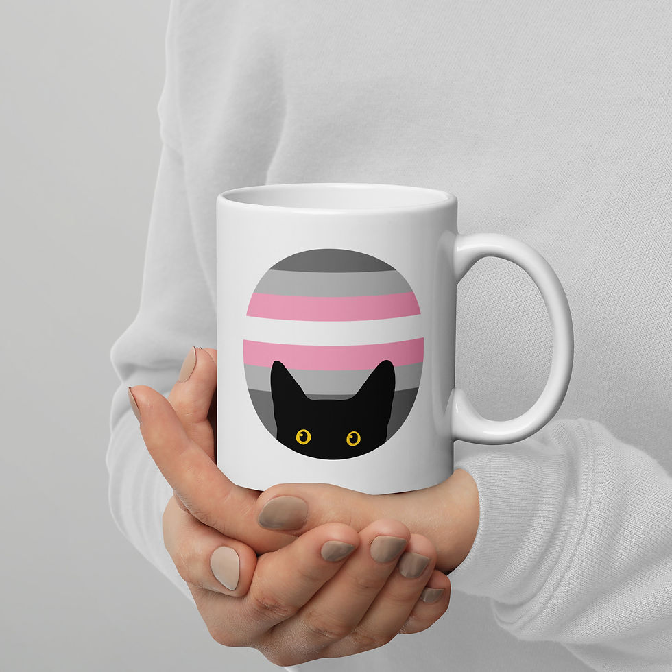 Thumbnail: Peeking Cat in Demigirl Flag Colors | White Ceramic Mug with Accent Color