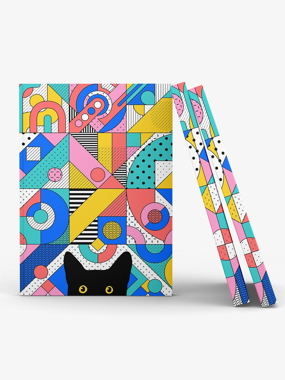 Thumbnail: Peeking Cat in Memphis Pattern | Hardcover Journal