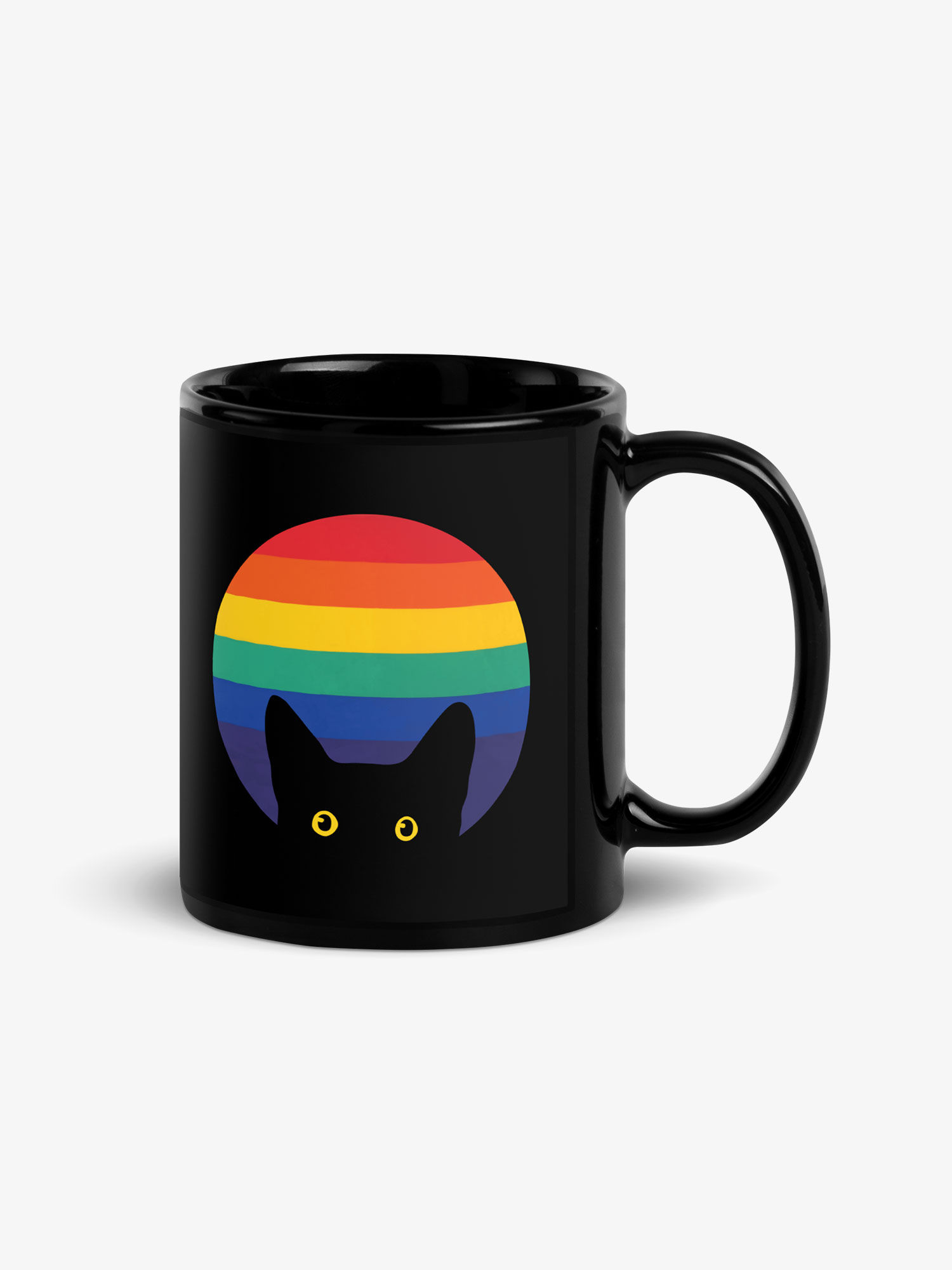 Peeking Cat in Rainbow Colors | Black Ceramic Mug