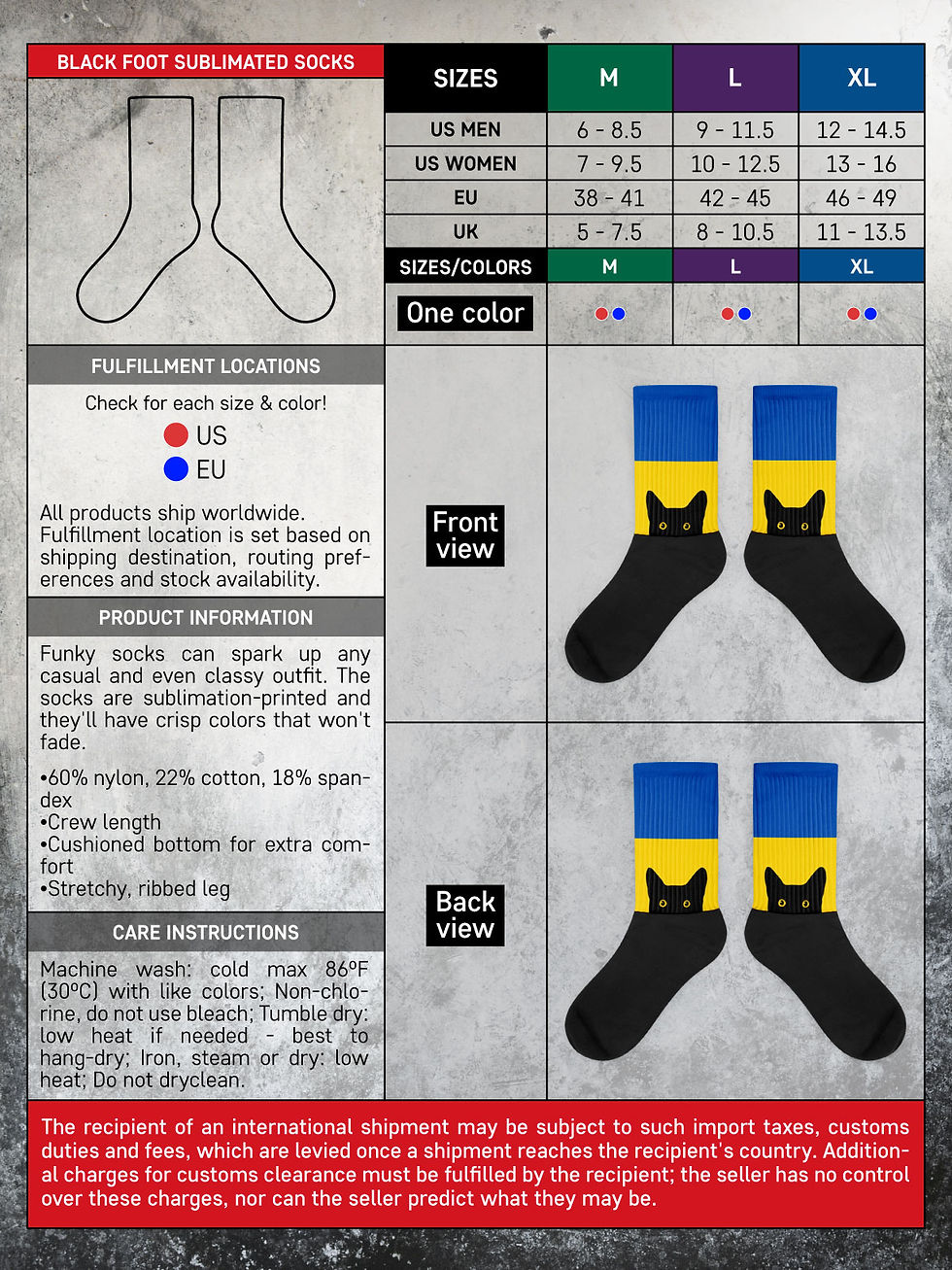 Thumbnail: Peeking Cat in Ukrainian Flag | Black Foot Sublimated Socks