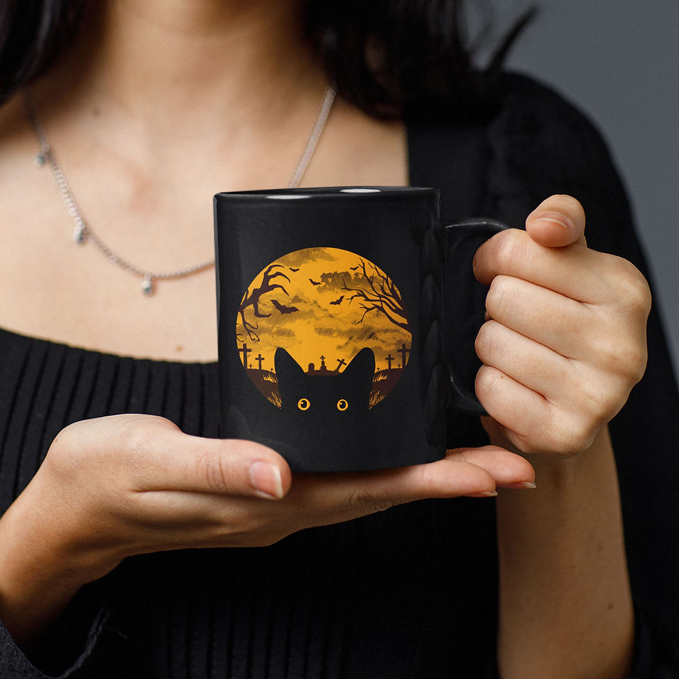 Thumbnail: Peeking Cat on Halloween Night | Black Ceramic Mug