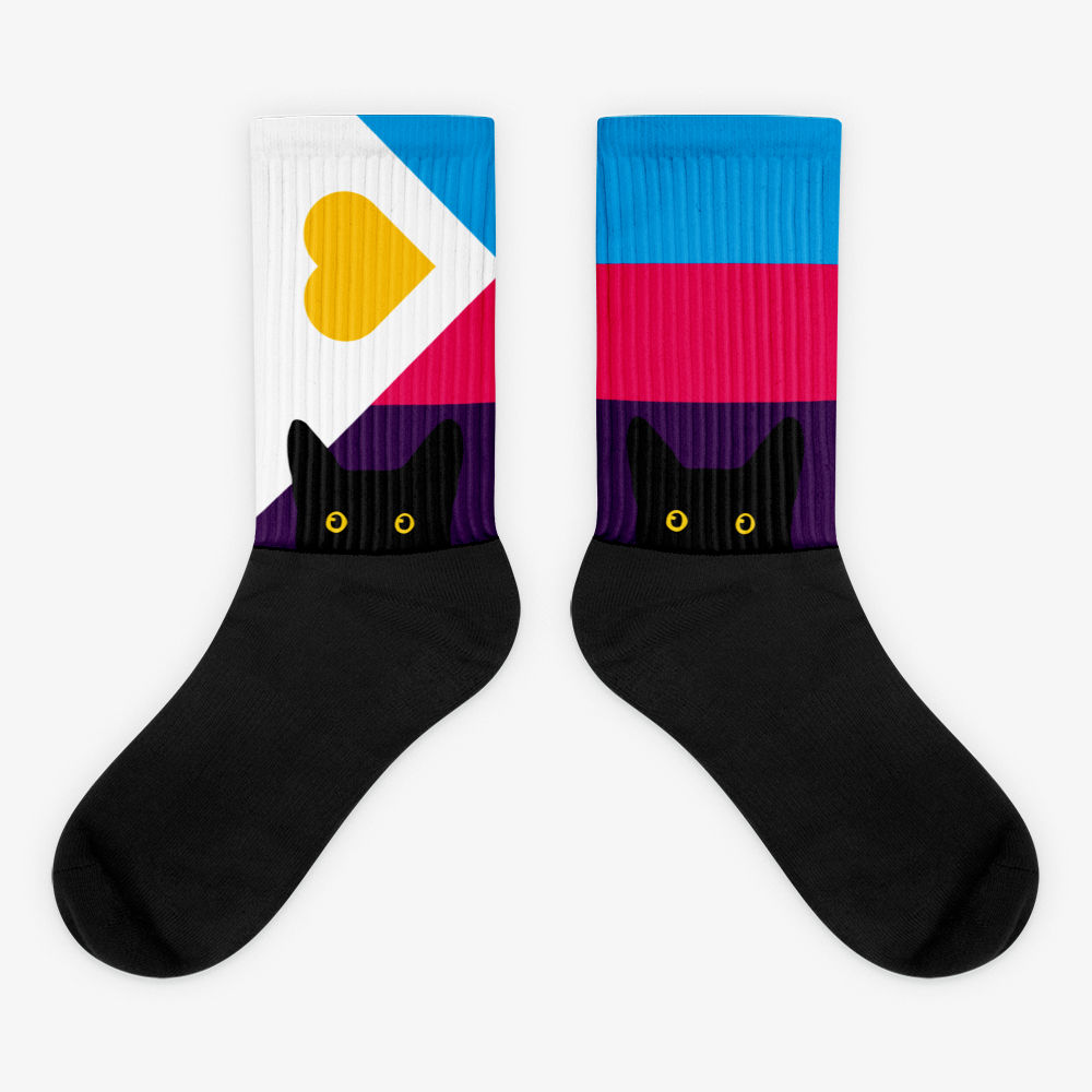 Peeking Cat in Polyamory Flag Colors | Black Foot Sublimated Socks