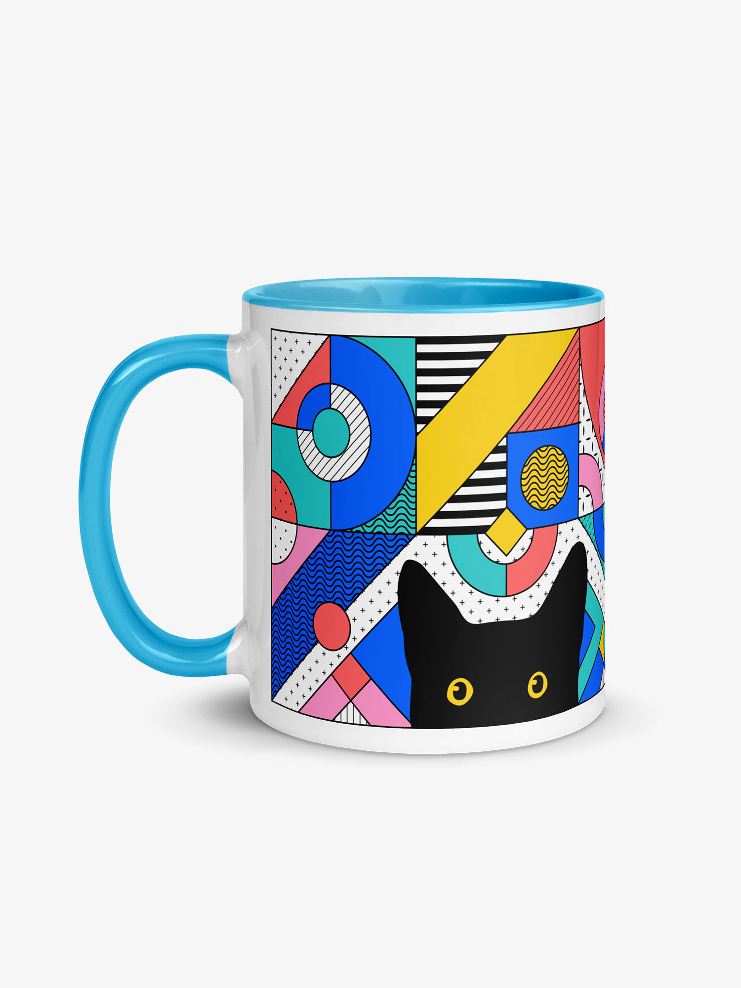 Peeking Cat in Memphis Pattern | White Ceramic Mug with Accent Color