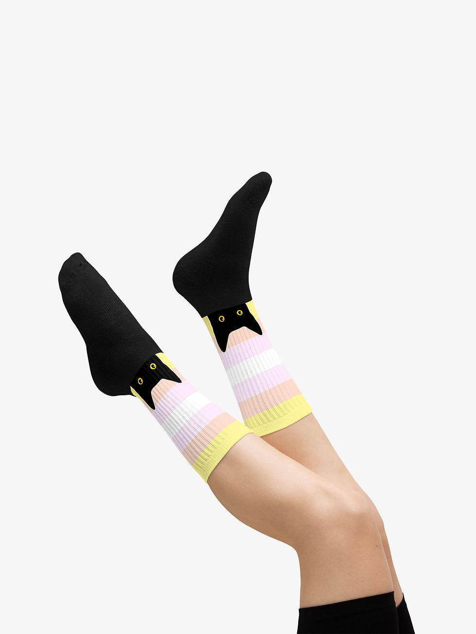 Thumbnail: Peeking Cat in Pangender Flag Colors | Black Foot Sublimated Socks