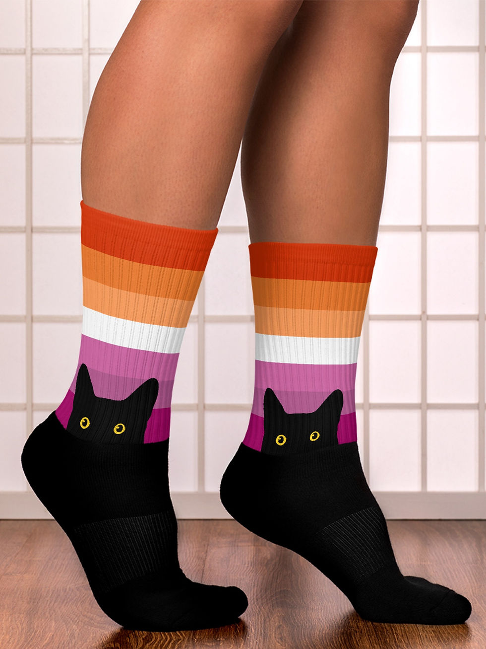 Thumbnail: Peeking Cat in Lesbian Flag Colors | Black Foot Sublimated Socks