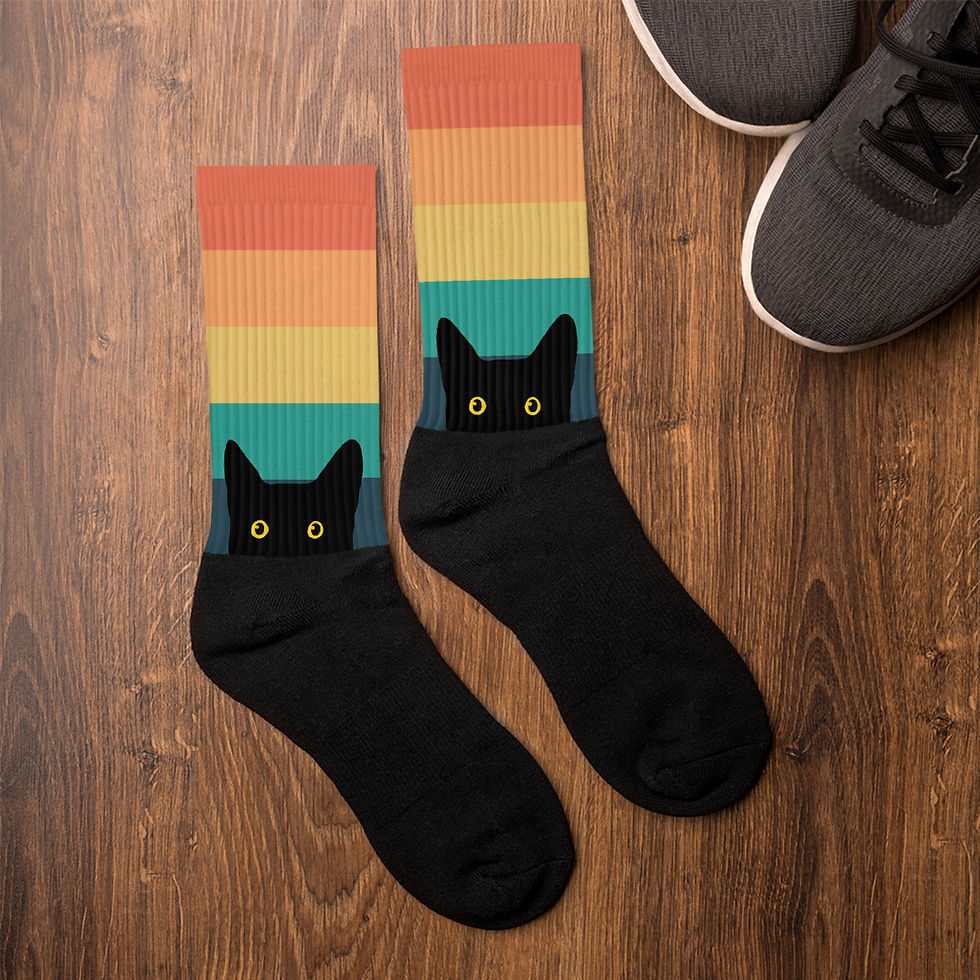 Thumbnail: Peeking Cat in Summer Vibes Colors | Black Foot Sublimated Socks