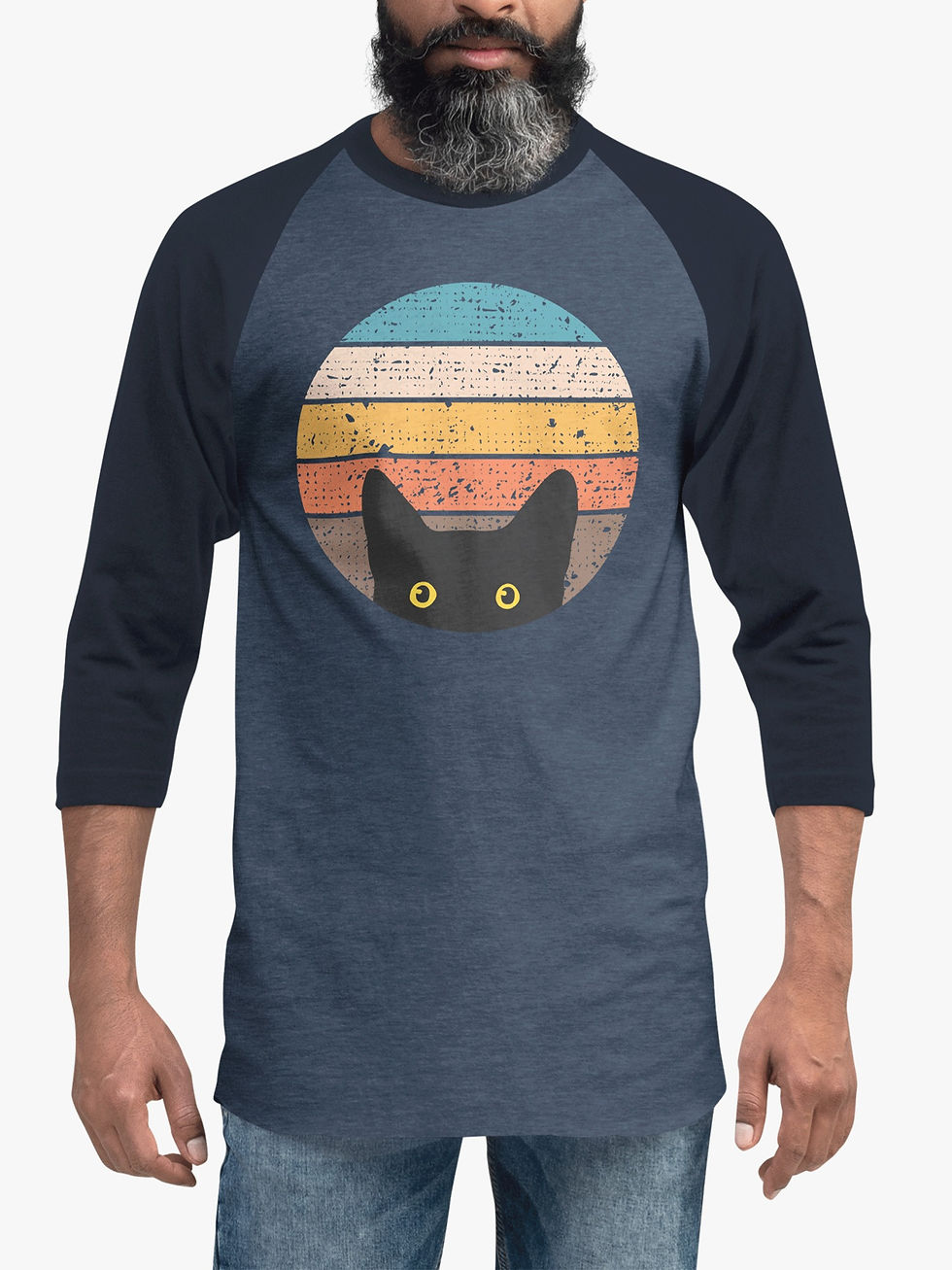 Thumbnail: Peeking Cat in Retro Colors | Unisex 3/4 Sleeve Raglan T-Shirt
