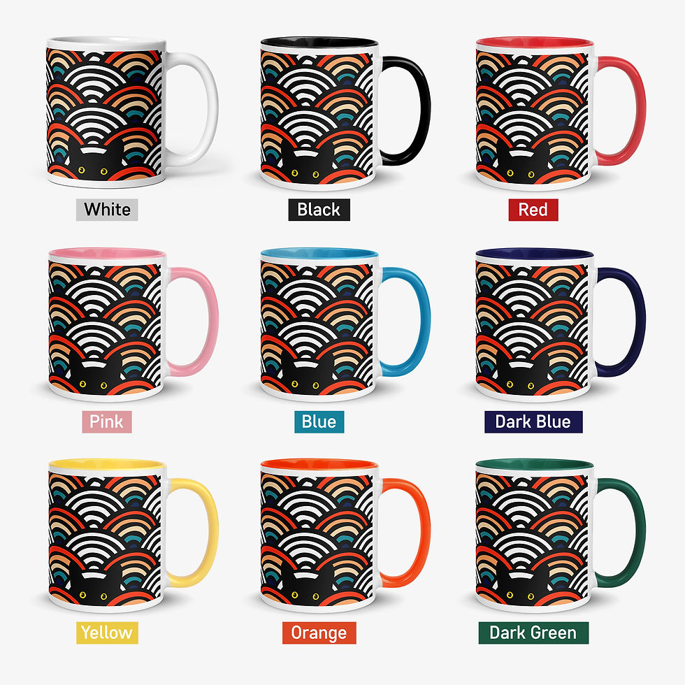 Thumbnail: Peeking Cat in Scallop Pattern | White Ceramic Mug with Accent Color