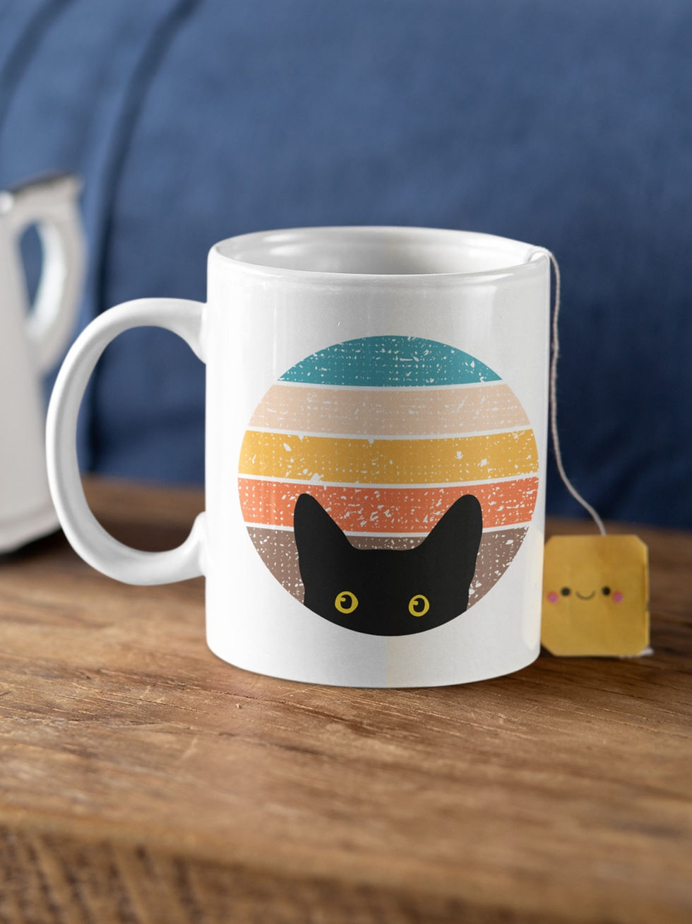 Thumbnail: Peeking Cat in Retro Colors | White Ceramic Mug with Accent Color