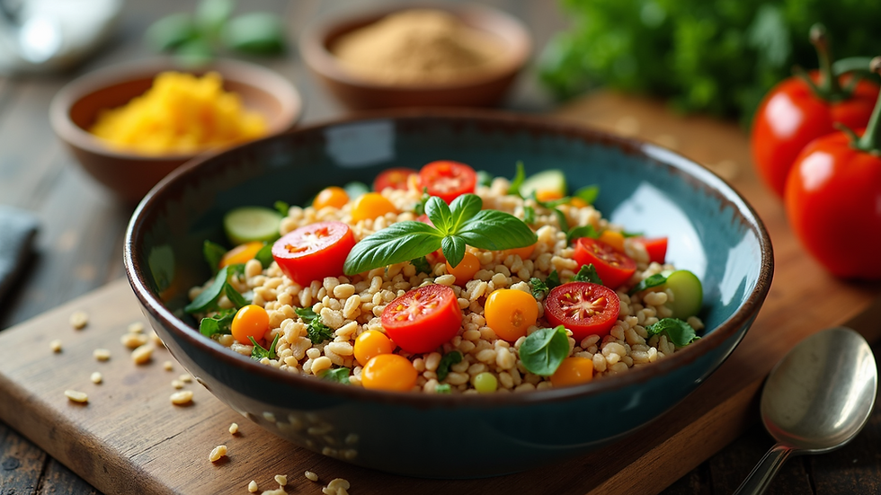 High angle view of a healthy meal prep with colorful vegetables and grains