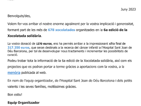 CARTA D'AGRAÏMENT DONACIÓ XOCOLATADA - CARTA DE AGRADECIMIENTO DONACIÓN CHOCOLATADA.