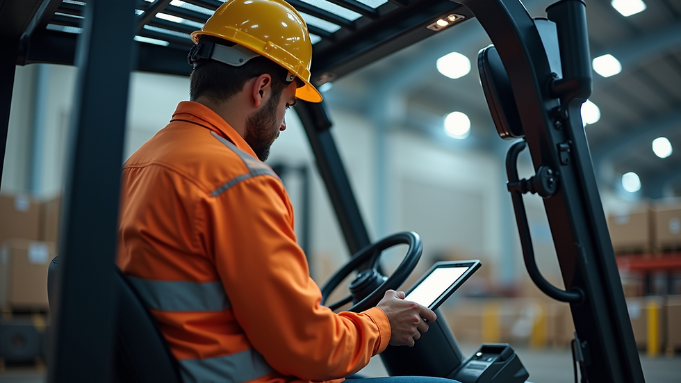 Close-up view of a forklift operator performing safety checks