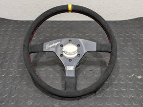 OMP/社外ステアリング張替え/ステアリングリペア/スエード/イエロートップマーク/レッドステッチ/ヨーロピアンステッチ/郵送施工