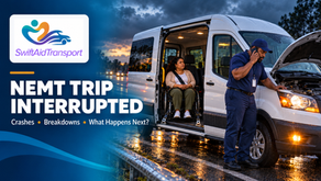 Rainy roadside scene with SwiftAidTransport van, driver on phone, wheelchair passenger inside, and NEMT TRIP INTERRUPTED text.