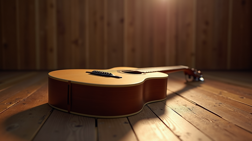 Close-up view of acoustic guitar resting on a wooden stage