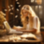 Una ragzza bionda che scrive libri fantasy con un computer
