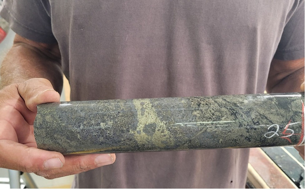 Figure 2: Massive band of chalcopyrite within massive pyrite-chalcopyrite (KLD25-28, 25.5m downhole).1