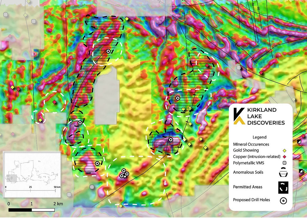 Figure 1: Planned drill holes at KL West testing coincident geophysical and geochemical anomalies.
