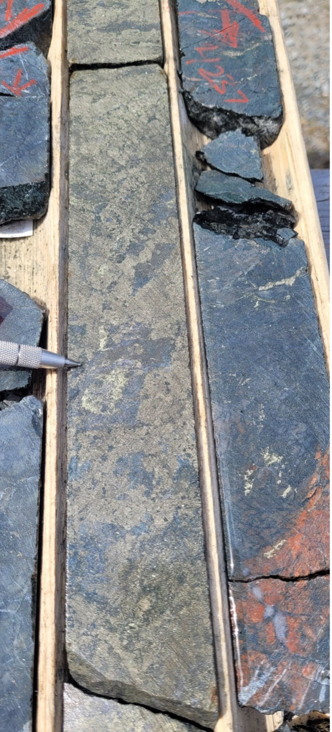 Figure 3: Massive pyrite with chalcopyrite (KLD25-28, 39.5m downhole).1
