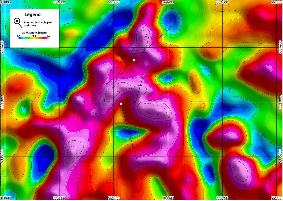 Figure 2: Planned drill hole locations targeting mineralized trends at surface and magnetic lows within the intrusion at Winnie Lake Project.
