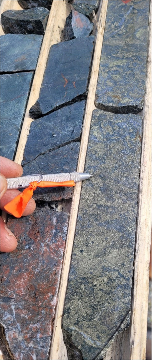 Figure 4: Semi-massive to massive pyrite with chalcopyrite (KLD25-28, 40.5m downhole).1