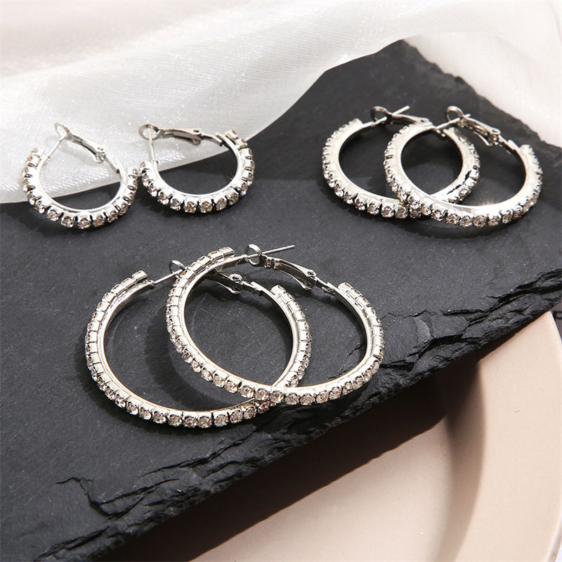 Thumbnail: 3 Pairs Full Shiny Rhinestone Hoop Earrings For Women Gold Color Sparkling Exagg