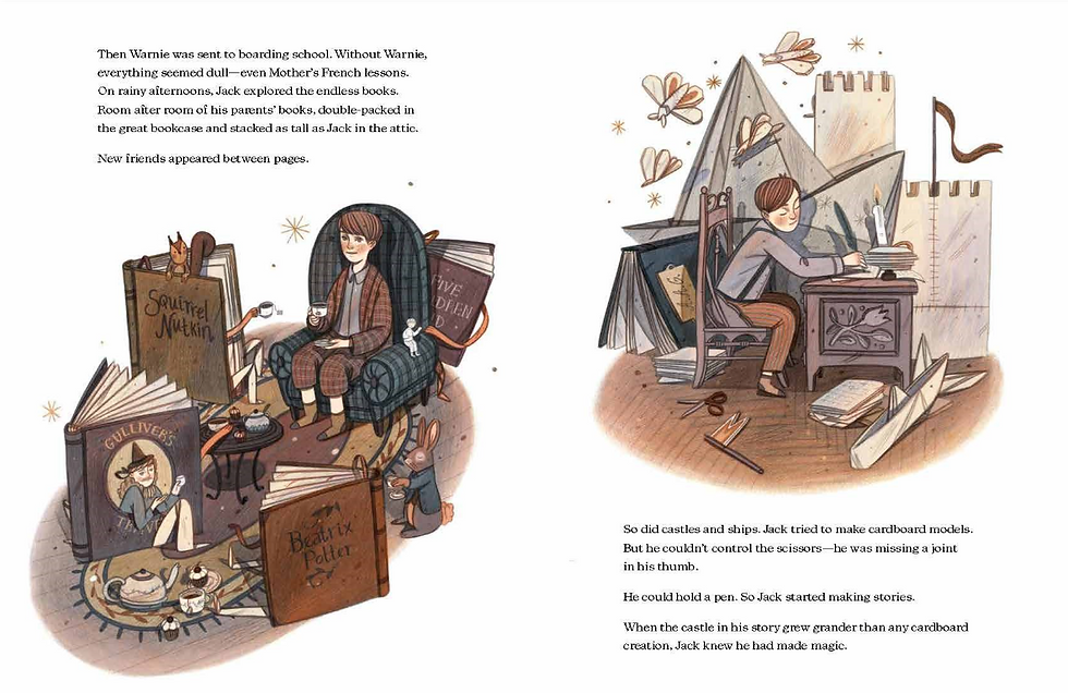 Internal spread - on the left, a boy sits in a plush, high-back chair with a cup of tea surrounded by characters popping out of the pages of the book and enjoying tea with him, such as a squirrel and Peter Rabbit. On the right, a boy sits at a desk, with an enormous paper boat and castle behind him, 4 paper butterflys circling, and books and "normal" sized paper boats all around him, as he begins writing stories.
