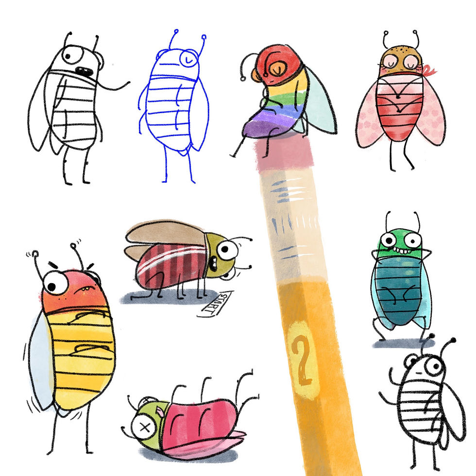 A page of nine bug sketches in various colors and poses, including sitting on the eraser of a #2 pencil.