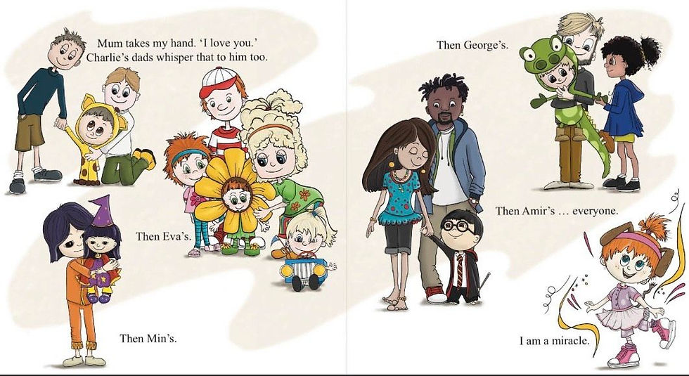 Internal spread of various families - two dads, a combined family, single mom, adopted, interracial, and Violet Rose - the IVF miracle. 