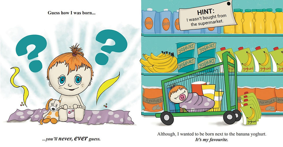 Internal spread - on the left, a baby sits on a purple polka-dotted blanket holding a stuffed dog with big questions to the sides of her head. On the right, a baby with a pacifier, wrapped in the polka-dotted blanket, lies in a asleep in a shopping cart near shelves of bananas and yogurt (and banana yogurt squeeze tubes).