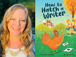 On the left, photo of author Kari Gonzalez. On the right, book cover with a girl in overalls sits on the grass teaching a chicken holding a pencil how to write, as a fox peeks over a bush.