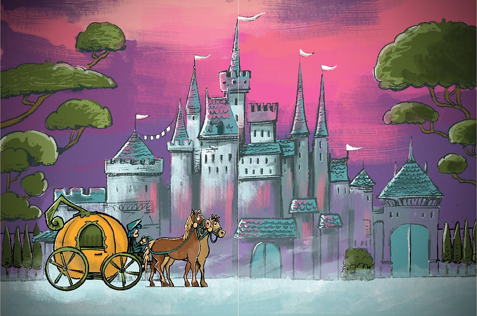 Internal Spread - a pumpkin carriage, with a driver and two horses arrives at a castle framed by a pink and purple sunset.