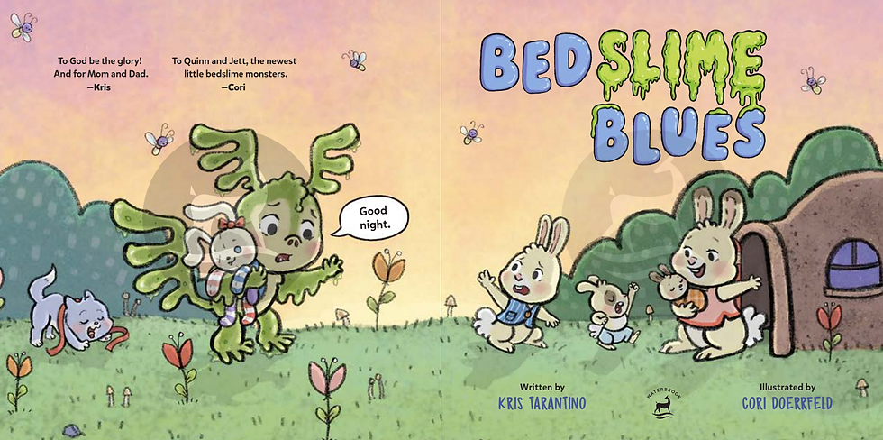 Title page - as the sun sets, little monster and yawning cat sadly say goodnight to two bunny friends.