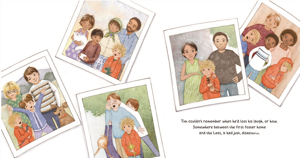 Internal spread - a collage of 5 polaroid pictures. Center left, a picture of Tim a girl, her parents, and dog - laughing. Upper left, Tim with a little laugh standing with two kids and their parents. Lower left, Tim watches with a straight face as a girl plays with her parents. Center right, Tim stands in front of a pregnant woman and her husband, unsmiling. Upper right, Tim hunched in his hoodie, standing to the side of two kids and their parents.