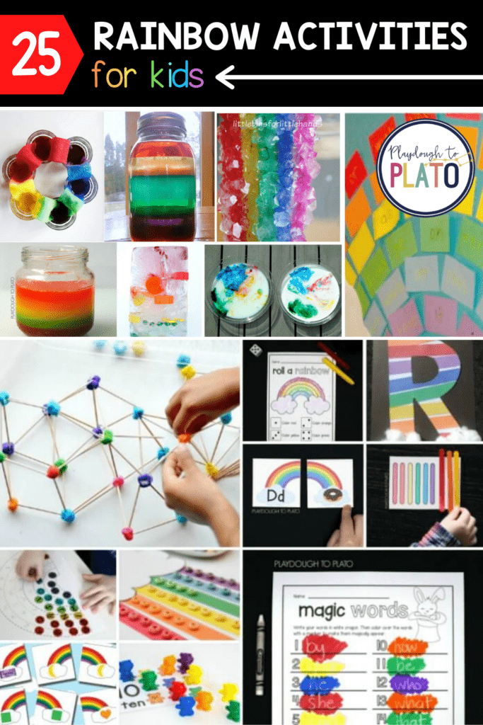 Photo collage of 16 of 25 Rainbow Activities.