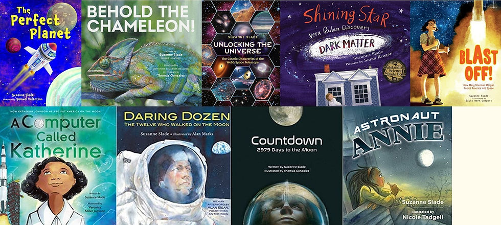Collage of the covers of nine of Suzanne Slade's books.