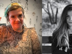 Collage of photos - on the left, photo of Olivia Armstrong holding a lantern. On the right, Mira Miroslavova sitting on a bench.