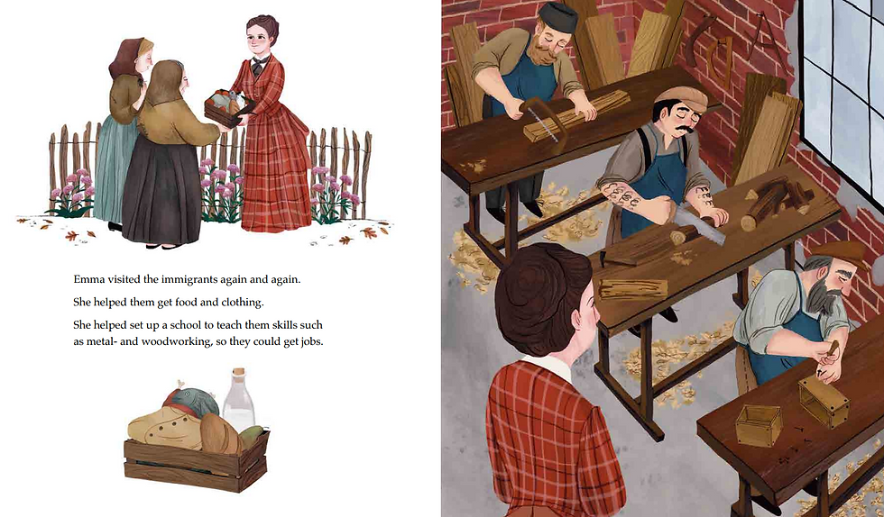 Internal spread - on the left, a woman brings a wooden crate full of food and clothing to two women in headscarves. On the right, a woman stands watching as two men saw wood and a third assembles a wooden box.