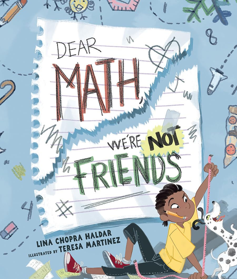 Book cover - boy using a tape measure against her dog with a very large torn piece of notebook paper behind here.