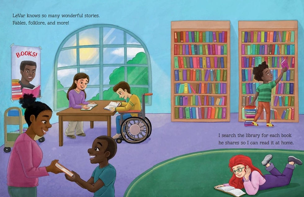 Internal image - in a library. On the left, a librarian gives a child a book and two kids - one in a wheelchair - read at a table with a poster with LeVar on it in the background. On the right, Ezra makes a pile of books form the bookshelves and a child reads lying on her stomach on the area rug.