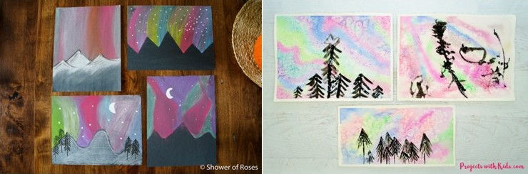 Collage of Northern lights art projects - chalk & watercolor examples.